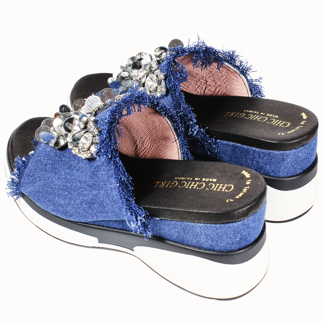 時尚蝴蝶造型手工刺繡單寧增高氣墊拖鞋